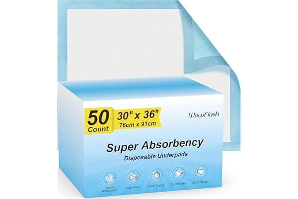 Wowflash Super Absorbency Disposable Leakproof Underpads with Quick Drying for Baby, Adults, Puppy, Dog Bed Pee Pads, Extra Large, XXL Incontinence Pads, 30” x 36”, 50 Count