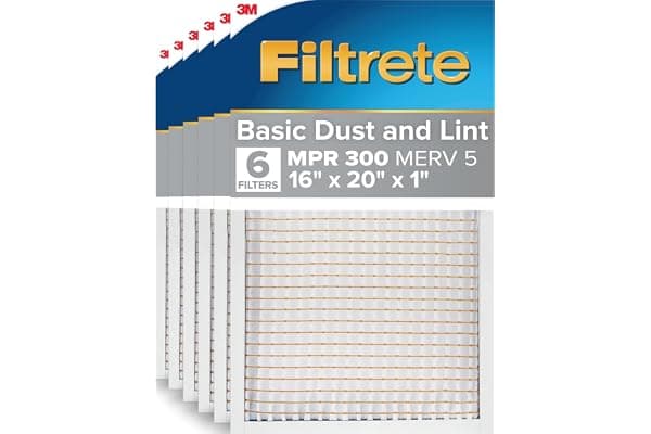 Filtrete 16x20x1 Air Filter MERV 5, 6-Pack AC Furnace HVAC, MPR 300 Basic Dust Defense, Pleated Electrostatic, Removes Lint