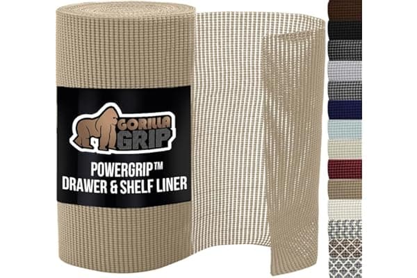 GORILLA GRIP powerGRIP Drawer Shelf and Cabinet Liner, Thick Strong Hold, Non-Adhesive Liners Protect Kitchen Cabinets and Cupboard, Bathroom Drawers, Easy Install, Breathable Mat, 12" x10', Beige