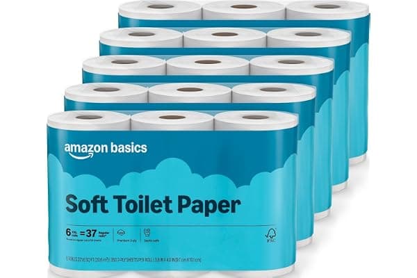 Amazon Basics 2-Ply Soft Toilet Paper, 30 Rolls (5 Packs of 6), 350 Sheets per Roll, Septic Safe, Equivalent to 185 Regular Rolls