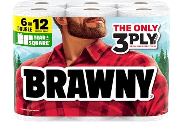 Brawny Tear-A-Square 3-Ply Paper Towels, 6 Double Rolls = 12 Regular Rolls | Strong, absorbent, and durable to tackle any tough mess