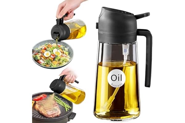 YARRAMATE 16 oz 2-in-1 Glass Olive Oil Sprayer for Cooking, Black | Food-grade dispenser bottle, 470 ml, spray and pour, portion control, stickers included, for salad, frying and BBQ