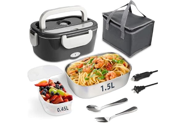 SOHIDA Electric Lunch Box, 12V/24V/110V Portable Food Warmer with SS Fork & Spoon for Car/Truck/Office, 80W Self Heating Lunch Box with 1.5L 304 Stainless Steel Container & 0.45L PP Fruit Box Beige