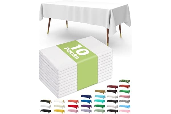 Pureegg Plastic Table Cloth Disposable 54x108 Inch 10 Pack, White | Picnic, Wedding, Party Supplies, Leakproof & Sturdy, Tablecloth, Table Cover