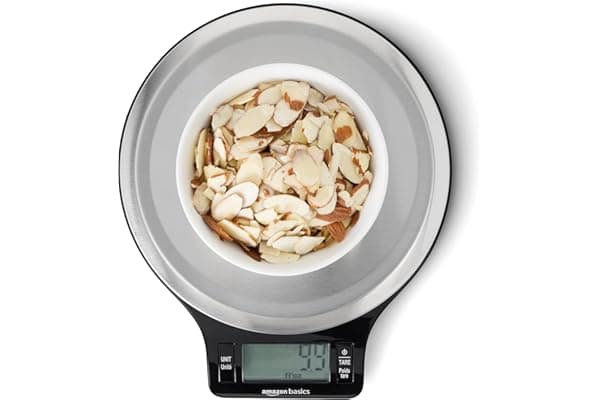 Amazon Basics Digital Kitchen Scale with LCD Display, Tare Function, Multiple Units, Weighs up to 11 Pounds, Batteries Included, Black and Stainless Steel