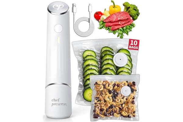 Chef Preserve Compact Vacuum Sealer for Food (Vacuum Sealer Machine + 10 Reusable Vacuum Bags) Powerful Handheld Vacuum Sealer Machine, Seal Meal Saver, Portable Food Sealer