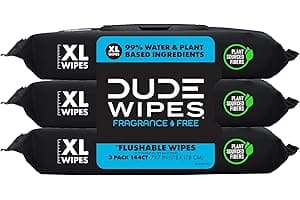 DUDE Wipes Unscented Flushable Wipes - Extra-Large Adult Wet Wipes for Sensitive Skin - 3 Pack (144 Count) - Infused with Vitamin E and Aloe - Septic and Sewer Safe