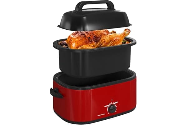 RoyalCraft 26-Quart Electric Roaster Oven with Visible Self-Basting Lid, Turkey Roaster Oven with Removable Pan and Rack, Perfect for Large Meals and Holiday Feasts, Red