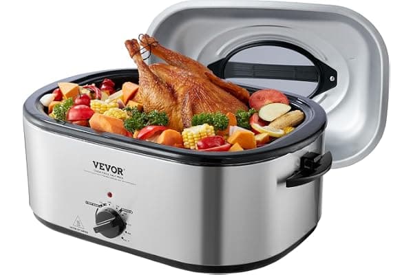 VEVOR Electric Turkey Oven, 26 QT Capacity with Auto-Basting Cover, 1450W, Features Defrost & Keep Warm Settings, Temperature Control, Includes Detachable Pan & Rack, Accommodates Up to 30LBS Turke