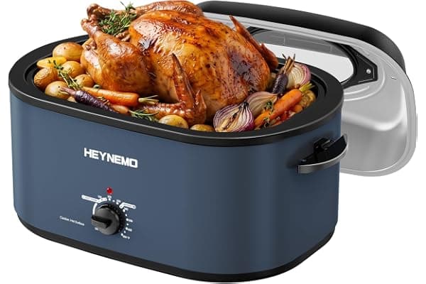 30Qt Electric Roaster Oven, with Self-Basting Lid, Removable Pan, Cool-Touch Handles, 1450W Stainless Steel Turkey Roaster Oven, Blue