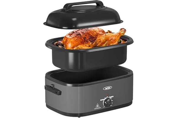 Sunvivi Electric Roaster, 28-Quart Electric Roaster Oven featuring a Glass Lid, Ideal for Turkey Roasting with Self-Basting Cover, Detachable Pan, Cool-Touch Handles, Grey