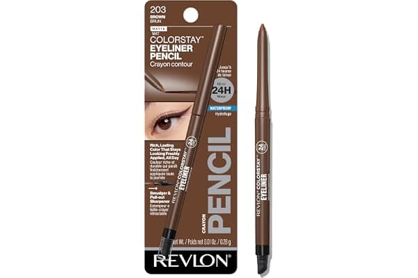 Revlon ColorStay Pencil Waterproof Eyeliner, 203 Brown, 0.01 oz | Waterproof pencil eyeliner with built-in sharpener. Smudge-proof, long-lasting, intense matte color.