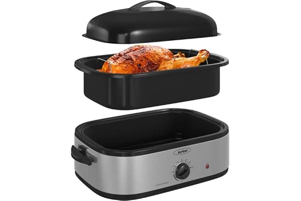Sunvivi 14-Quart Electric Roaster Oven with Self-Basting Lid, Turkey Roaster Oven with Removable Pan and Rack, Stainless Steel, Silver