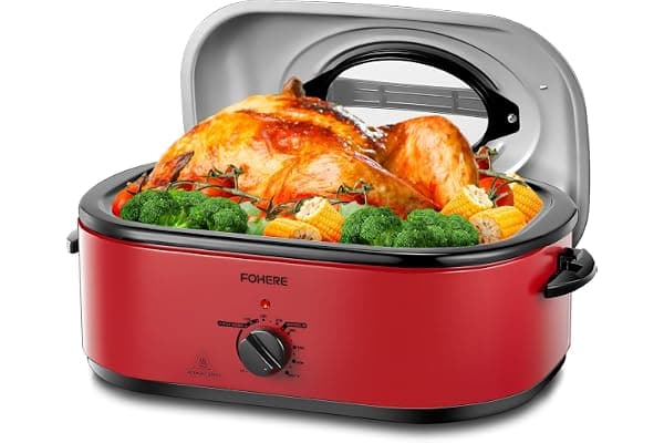 FOHERE 26QT Electric Roaster Oven with Visible & Self-Basting Lid, Large Turkey Roaster with Defrost & Warm Function, Adjustable Temperature Control, Removable Stainless Steel Pan & Rack, Red