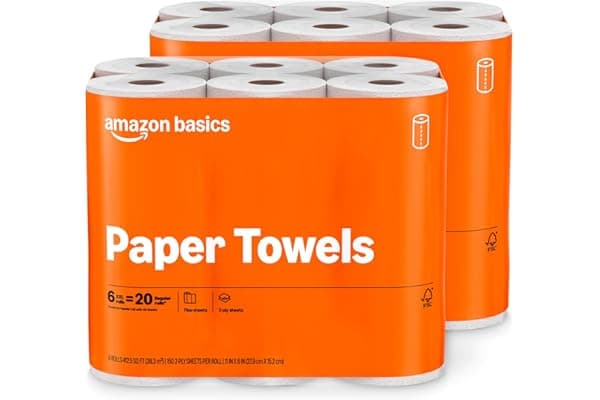 Amazon Basics 2-Ply Flex-Sheets Paper Towels, 12 Basics Rolls = 40 Regular Rolls, Everyday Value with 150 Sheets per Roll, Packaging May Vary