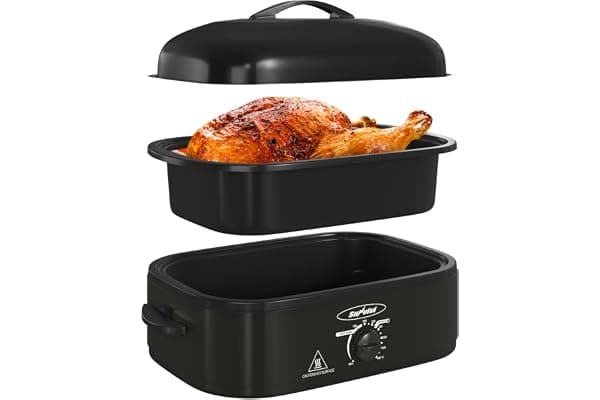 Sunvivi 14 Quart Roaster Oven, Electric Slow Cooker Roaster Oven with Self-Basting Lid, Turkey Roasters with Removable Pan and Rack, Stainless Steel, Black