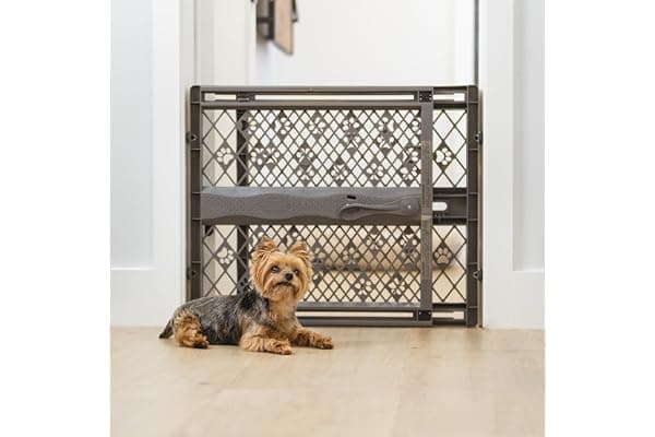 MYPET North States Paws Portable Pet Gate: 26-40" Wide. Pressure Mount. No Tools Needed. Made in USA, 23" Tall, Expandable, Durable Dog Gates for Doorways, Fieldstone Gray