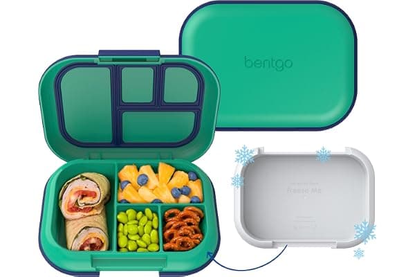 Bentgo Chill Kids 4-Compartment Bento Box Leakproof Lunch Box | Built-In Ice Pack, 3.3 Cup Capacity, BPA-Free, Microwave & Dishwasher Safe Tray, Ideal for Ages 3–7 (Green/Navy)