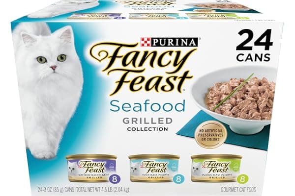 Purina Fancy Feast Grilled Seafood Wet Cat Food, 3 oz Cans, 24-Pack | Variety Pack, crafted with real seafood in savory gravy. Made with no Artificial Colors or Preservatives.