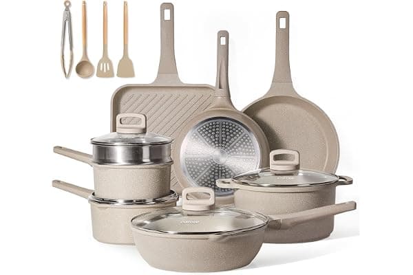 CAROTE Pots and Pans Set Non Stick, 16Pcs Kitchen Cookware Set, Stackable Induction Cookware, Pot and Pan set, Pans for Cooking, Taupe Granite,Pots and Pans Set Non Stick,