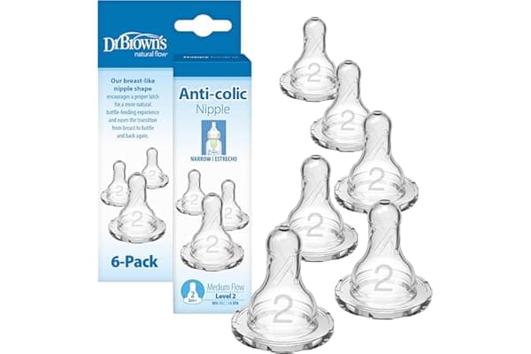 Dr. Brown’s Narrow Level 2 Medium Flow Nipple, 3m+, 6-Pack | 100% silicone nipples for Options+ Narrow baby bottles, medium flow rate for 3m+ babies