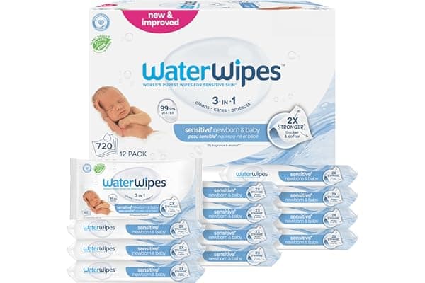 Hidden Gem Find: WaterWipes Sensitive+ Newborn & Baby Wipes, 3-In-1 Cleans, Cares, Protects, 99.9% Water, Unscented & Hypoallergenic, 720 Count (12 Packs)