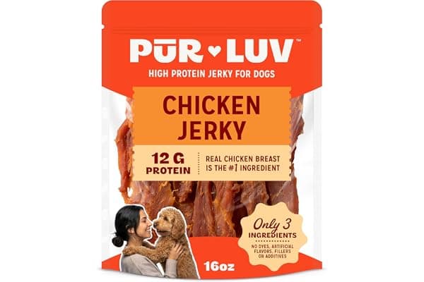Pur Luv Chicken Jerky Dog Treats,100% Real Chicken Breast, 16 Ounces | 3-ingredient jerky: whole-muscle chicken breast, 12g protein/treat; no dyes, fillers or artificial flavors
