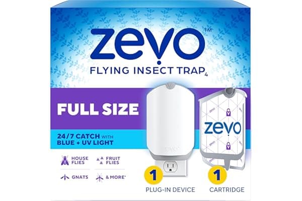 Zevo Flying Insect Trap for Fruit Flies & Gnats, 1 Base & 1 Refills | Fly Trap Catches House Flies, Gnats & Fruit Flies 24/7, Spray-Free, Odor-Free, Blue & UV Light, Safe for Kids & Pets*