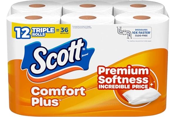 Scott ComfortPlus Toilet Paper, 12 Triple Rolls, 231 Sheets per Roll, Septic-Safe, 1-Ply Toilet Tissue