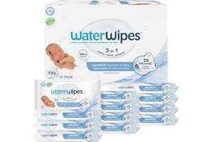 WaterWipes Sensitive+ Newborn & Baby Wipes, 3-In-1 Cleans, Cares, Protects, 99.9% Water, Unscented & Hypoallergenic, 720 Count (12 Packs)