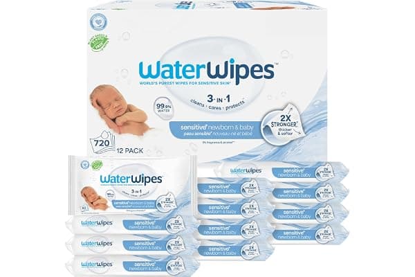 WaterWipes Sensitive+ Newborn & Baby Wipes, 3-In-1 Cleans, Cares, Protects, 99.9% Water, Unscented & Hypoallergenic, 720 Count (12 Packs)