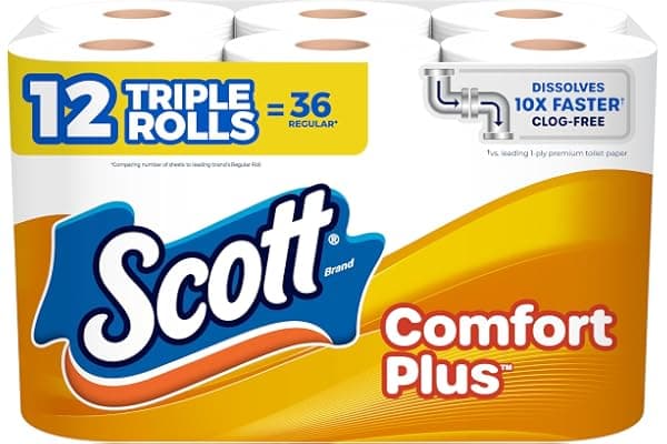 Scott ComfortPlus Toilet Paper, 12 Triple Rolls, 231 Sheets per Roll, Septic-Safe, 1-Ply Toilet Tissue