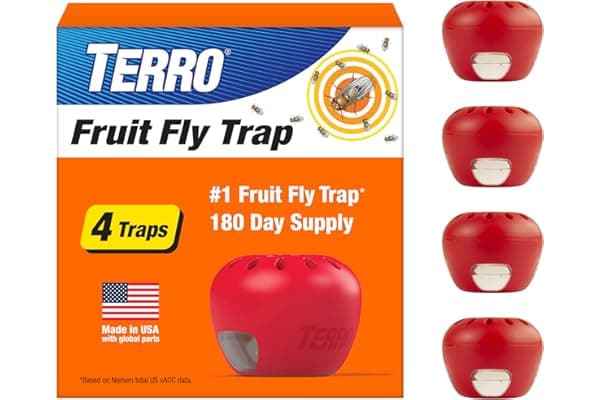 TERRO Fruit Fly Trap 4-Pack, 180 Day Lure Supply, Food-Based Lure | Apple-Shaped Design for Kitchen Counters, Fruit Bowls, Trash Cans, Food-Based Lure, Indoor Pest Control, Fruit Fly Killer
