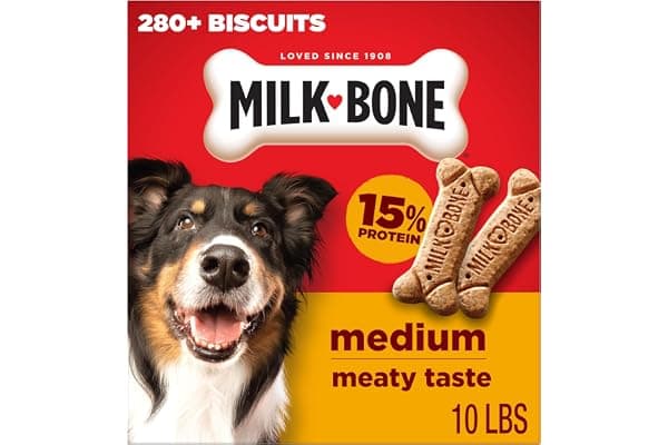 Milk-Bone Original Medium Dog Biscuits, 10 lb Box | 280+ treats, classic meaty taste, crunchy dog treats for dogs 20-50lbs, 15% protein, 12 vitamins & minerals, made in the USA