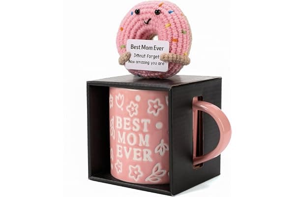 KyreDino Mothers Day Gifts, Best Mom Ever Gifts for Mom from Daughter, Pink Floral Embossed Pattern Mother's Day Mug and Handmade Donut Crochet Gifts Set