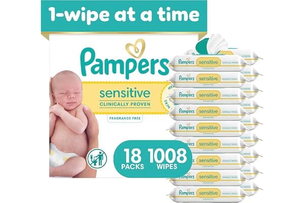Pampers Sensitive Baby Wipes, Unscented, Fragrance Free, Clinically Proven, Water Based, Hypoallergenic, Multi-Use, Hand Wipes, 1008 Wipes Total (18X Flip-Top Packs)