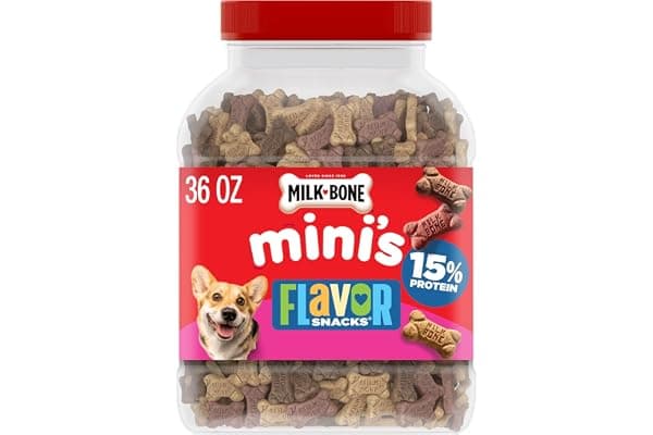Milk-Bone Flavor Snacks Mini’s Dog Treats, 36 Oz. | 5 calories per treat, 15% protein, 3 flavors per canister (beef, chicken & bacon, naturally & artificially flavored)