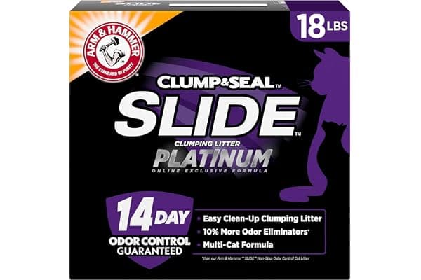 ARM & HAMMER Slide Platinum Easy Clean-Up Clumping Cat Litter, 18 lbs | 24/7 Odor Control, Triple-Action Freshness, Non-Stick, Low Tracking, 99.9% Dust Free, Multi-Cat Formula, Scented