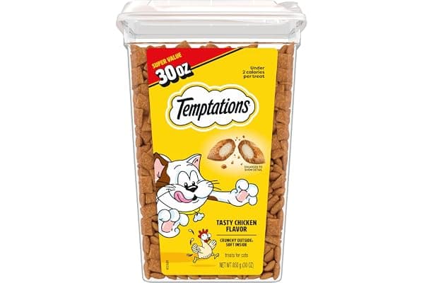 Temptations Classic Crunchy and Soft Cat Treats, Tasty Chicken, 30 oz | Under 2 calories per treat, crunchy outside & soft inside, resealable tub, use as meal or topper, 100% complete & balanced