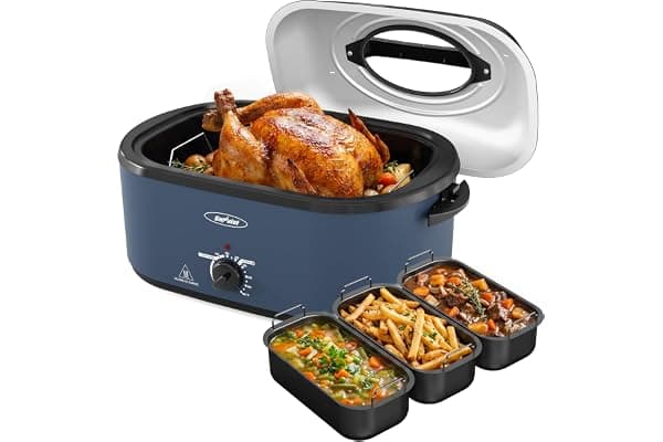 Sunvivi Electric Roaster Oven 26QT with 3 Buffet Server for 28lb Big Turkey | Turkey Roaster Pan with Self-Basting Lid, 150-450°F Temp Control, Defrost & Warm Functions, Removable Pan Rack Easy Cleanup