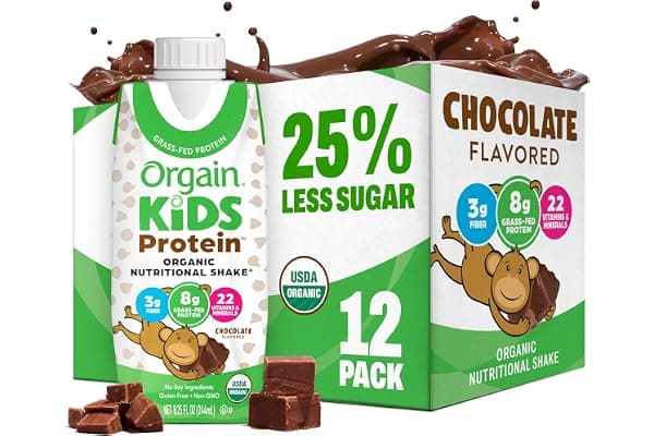 Orgain Organic Kids Protein Nutritional Shake, Chocolate - Great for Breakfast & Snacks, 21 Vitamins & Minerals, 10 Fruits & Vegetables, Gluten Free, Soy Free, 8.25 oz, 12 Count (Packaging May Vary)