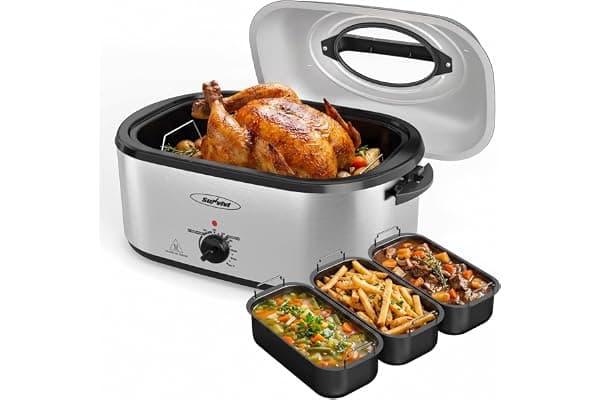 Sunvivi 28QT Electric Roaster Oven with 3 Buffet Server for 30lb Big Turkey | Turkey Roaster Pan with Self-Basting Lid, 150-450°F Temp Control, Defrost & Warm Functions, Removable Pan Rack Easy Cleanup