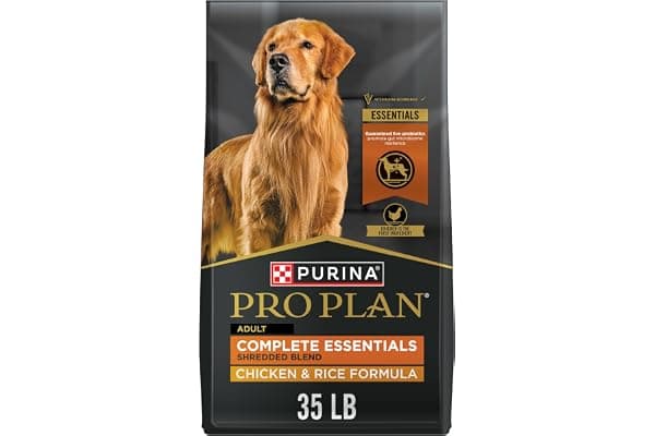 Purina Pro Plan Complete Essentials Chicken & Rice Dry Dog Food, 35 lb Bag | Shredded Blend crunchy kibble with tender pieces, real chicken as the first ingredient, live probiotics for digestive health