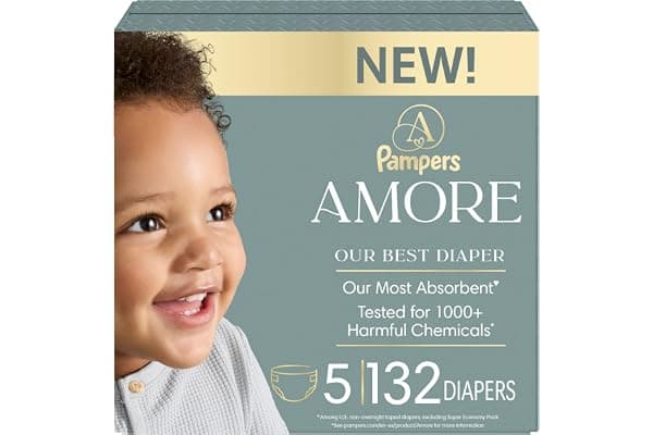 Pampers Amore, Size 5 (20-37 lbs), 132 Count, Our Best Diaper – Hypoallergenic & Fragrance Free, Up to 100% Leakproof, Soft as Cashmere
