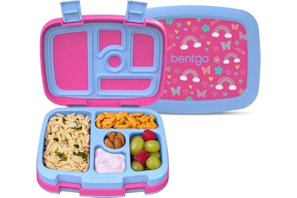 Bentgo Kids Prints Leak-Proof 5-Compartment Bento-Style Kids Lunch Box | Ideal Portion Sizes for Ages 3-7, Durable, Drop-Proof, Dishwasher Safe, PFAS & BPA-Free Materials (Rainbows and Butterflies)