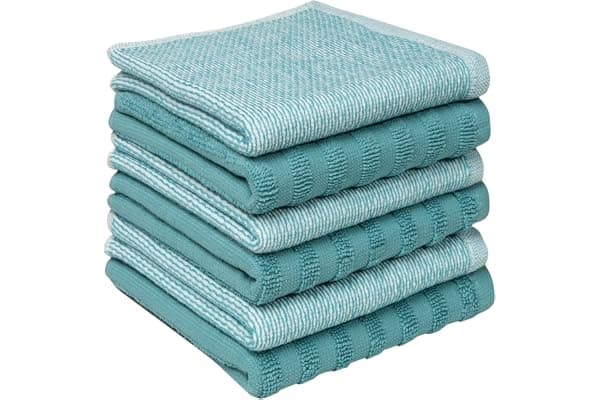 Bumble Premium Dish Cloths 13"x13" (6 Pack) | 100% Natural Ring Spun Cotton | 400 GSM | Highly Absorbent & Soft |Yarn Dyed & Solid Dyed Terry Dish Cloth Set - Aqua