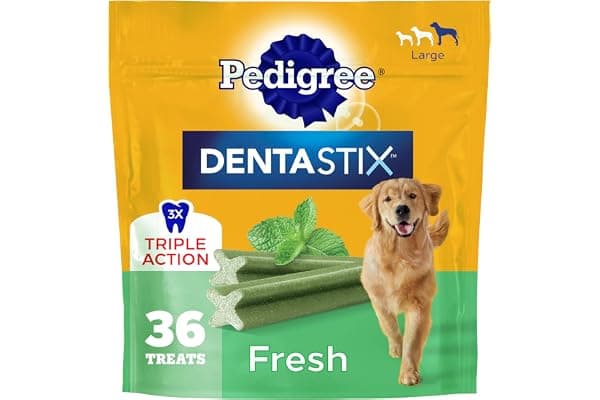 Pedigree Dentastix Large Breed Dental Dog Treats, Fresh, 36 Count | Triple action dental care, reduces tartar, cleans teeth, freshens breath, for dogs 40+ lbs, no added sugar/fillers