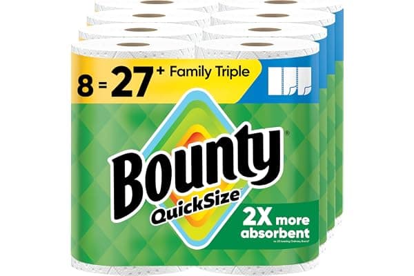 Bounty Quick-Size Paper Towels, White, 8 Family Triple Rolls = 27 Regular Rolls