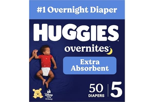 Huggies Overnites Diapers Size 5, 50 Count | Extra Absorbency, Nighttime Leak Protection, 4X Sleep Protection, Pillowy Soft Leg Cuffs, Wetness Indicator, Hypoallergenic
