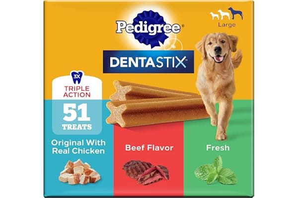 Pedigree Dentastix Large Breed Dental Dog Treats, Variety, 51 Count | Original Chicken, Beef, and Fresh flavors, reduces plaque and tartar buildup, cleans teeth, freshens breath, for dogs 40+ lbs